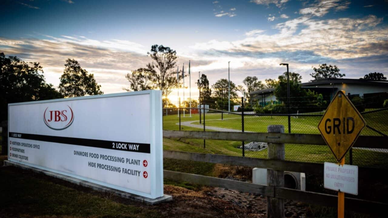 The northern Australian offices of JBS Foods is seen during sunset in Dinmore, west of Brisbane, on 1 June, 2021.