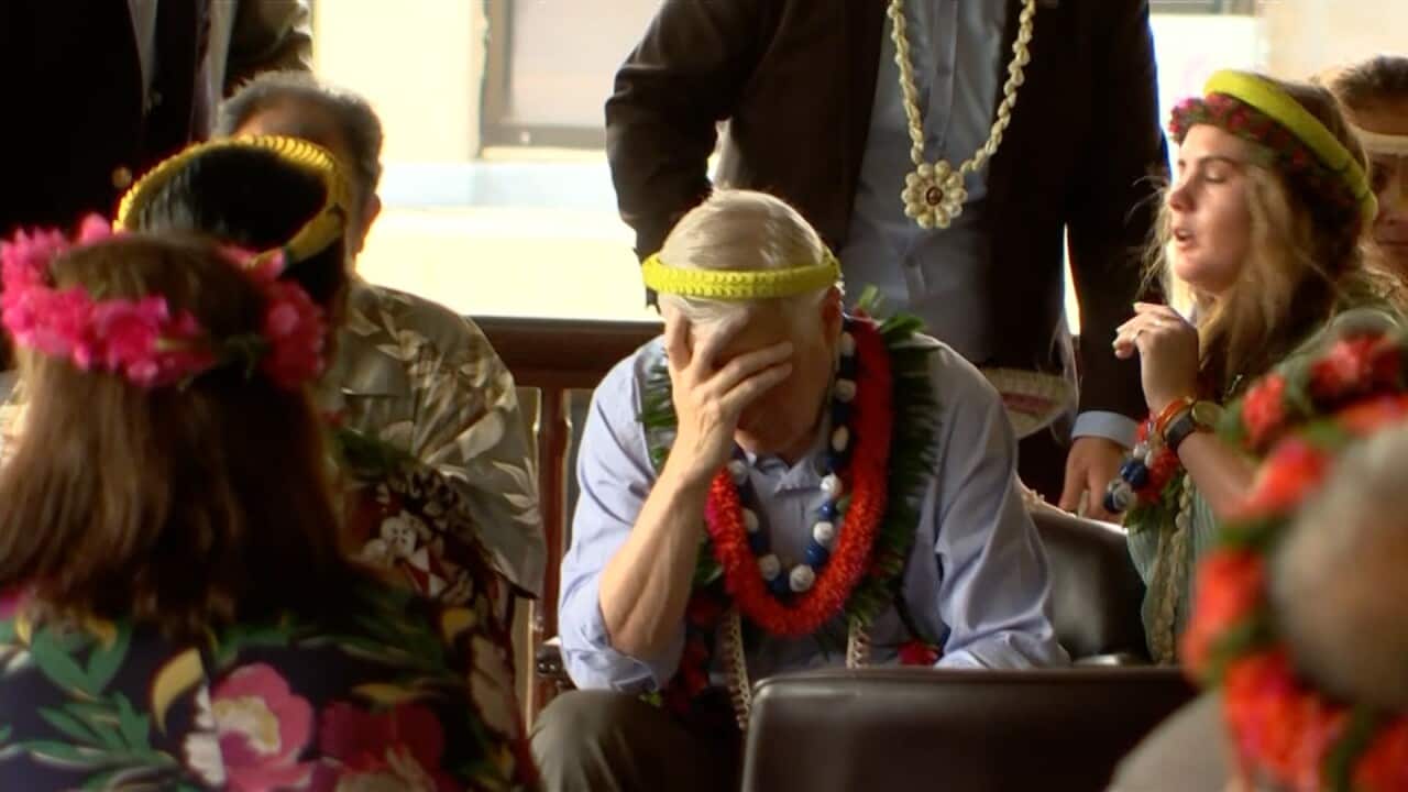 A man in a button-down shirt cradles his head.