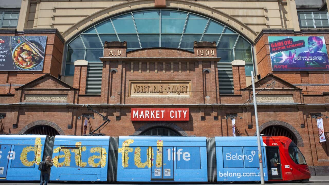 February 2020 - Transdev Light Rail train passing Market City (Sydney's Paddy's Haymarket), Haymarket, Sydney, New South Wales, Australia (Photo by Sergi Reboredo/Sipa USA)