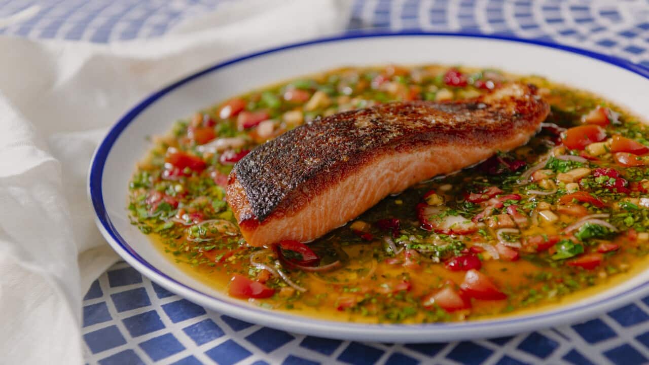 King salmon with summer fruit sauce vierge