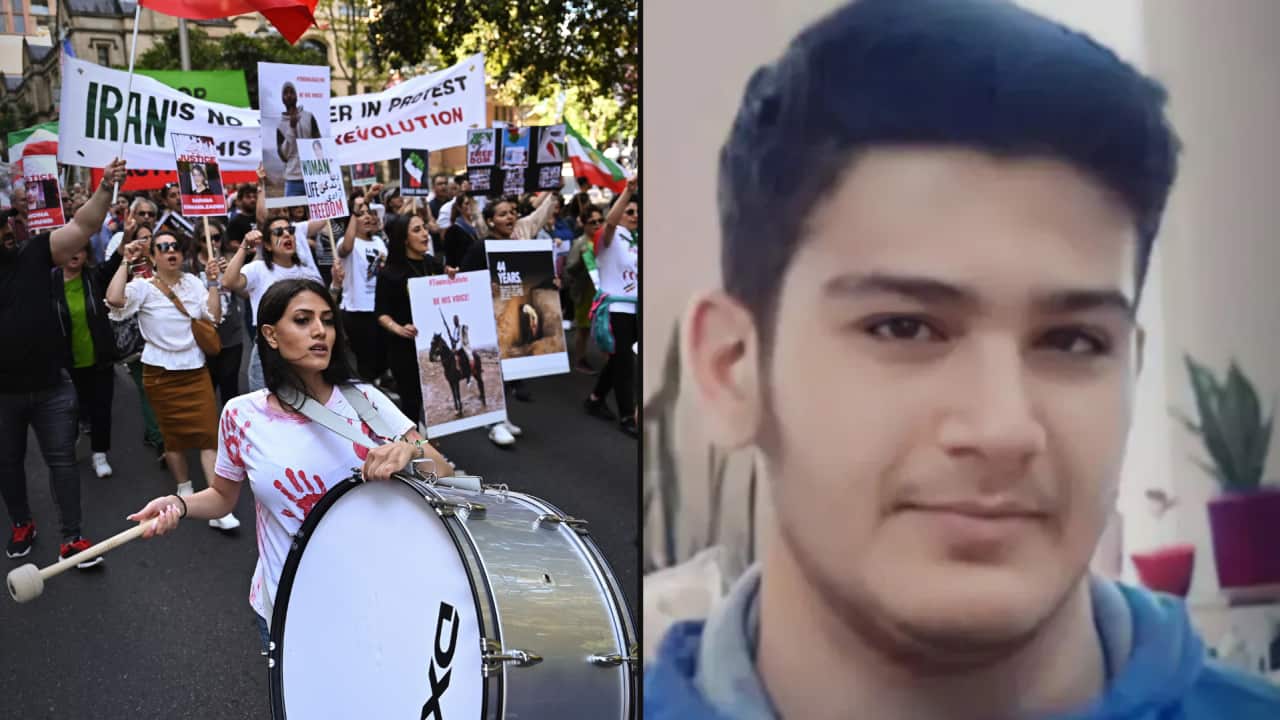 A split image. On the left is a photo of a protest, on the right is a picture of a man.