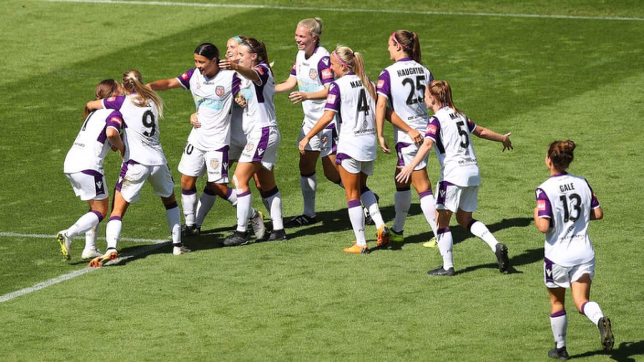 Perth Glory celebrate a goal in the W-League Semi Final