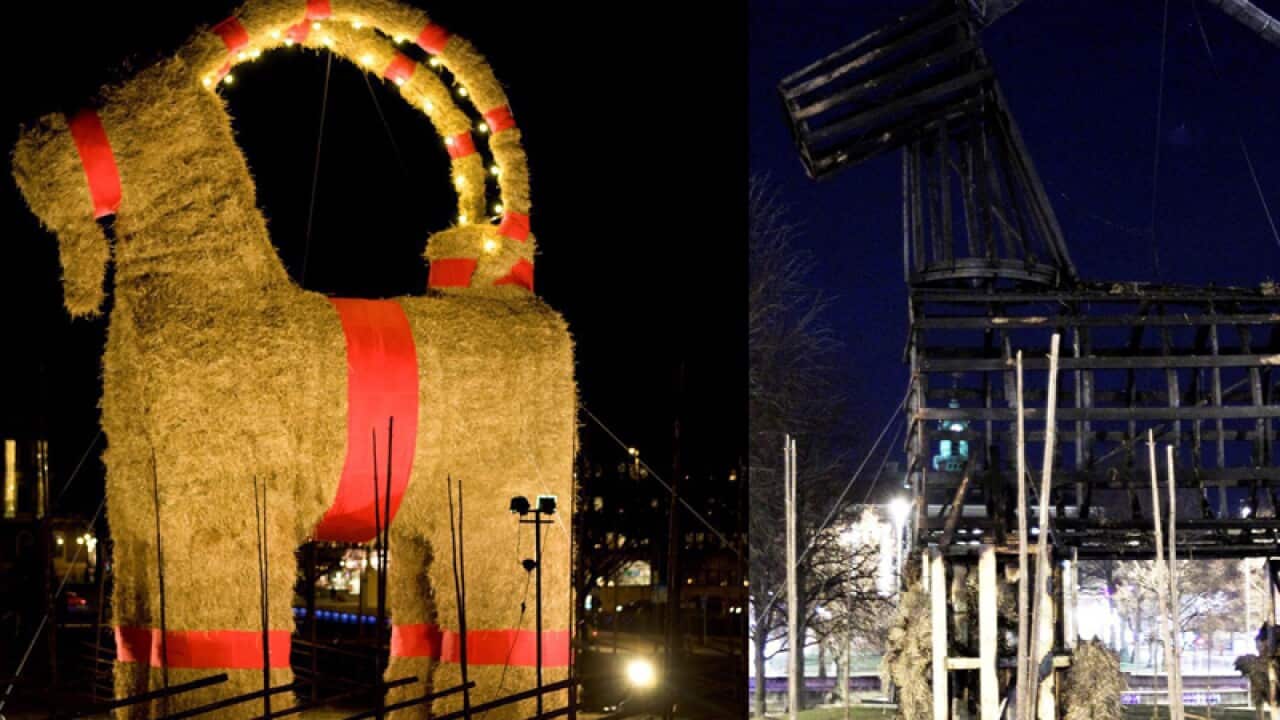 A combo picture shows the traditional Gaevle Christmas goat Sweden