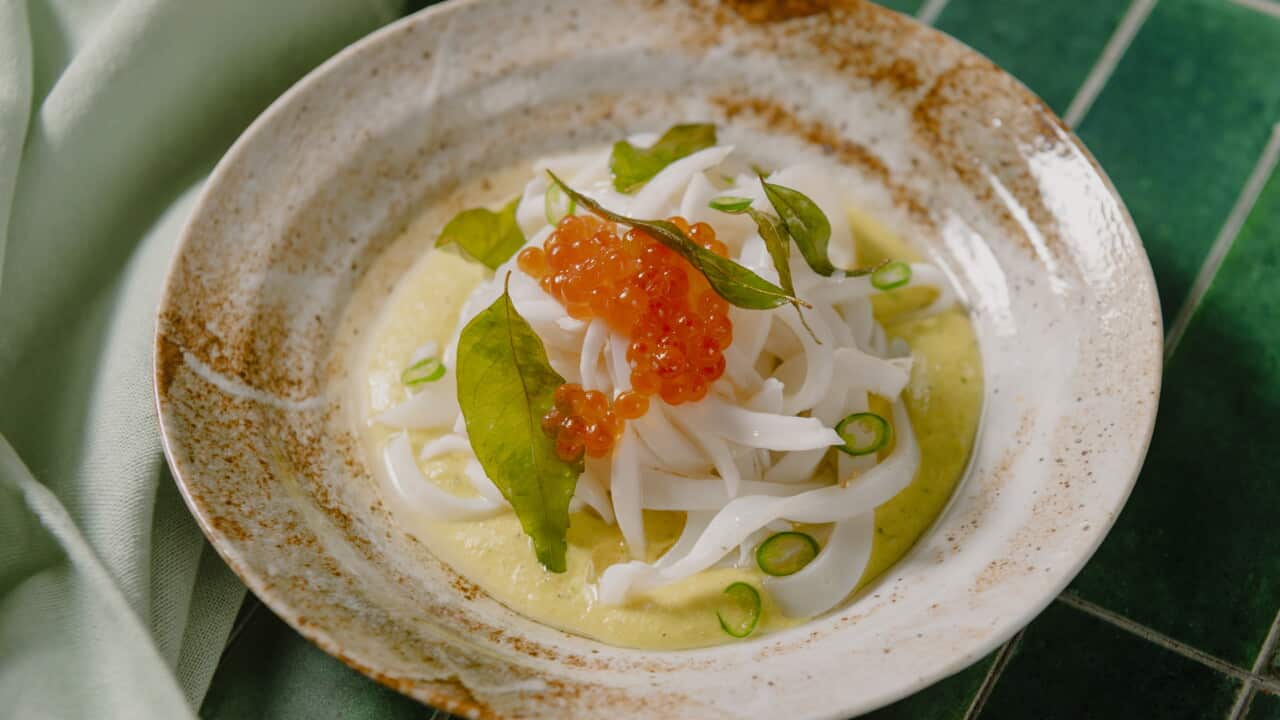 Cuttlefish noodles with young coconut mustard sauce