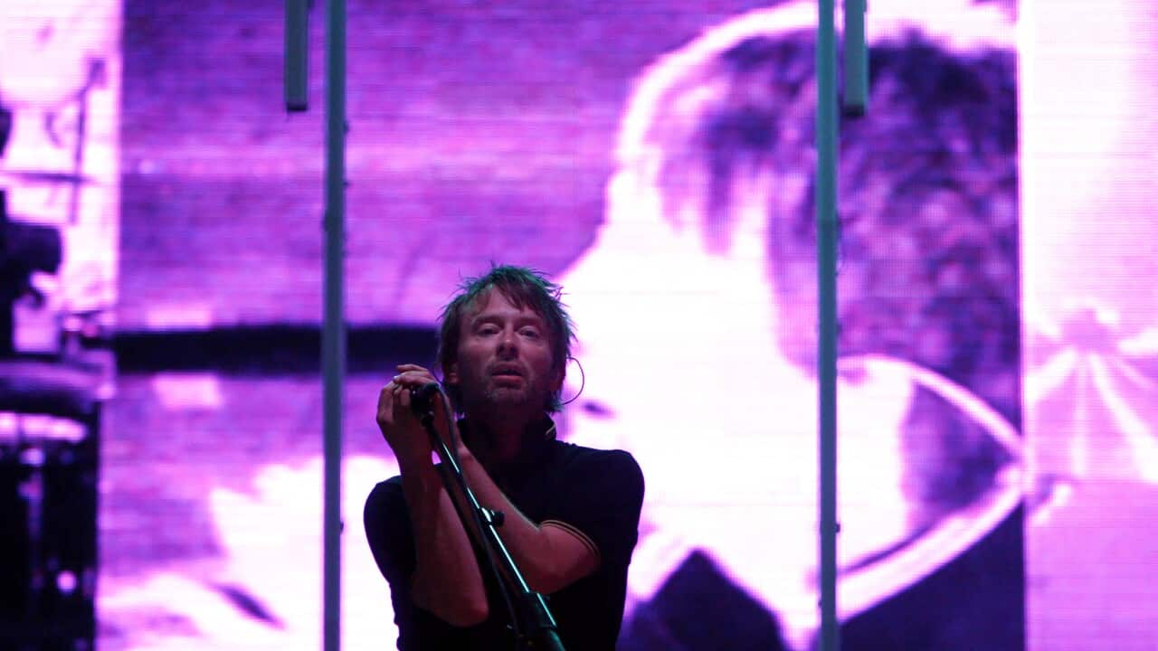 Thom Yorke and Radiohead perform during the All Points West music festival at Liberty State Park Saturday, Aug. 9, 2008 in Jersey City, N.J.