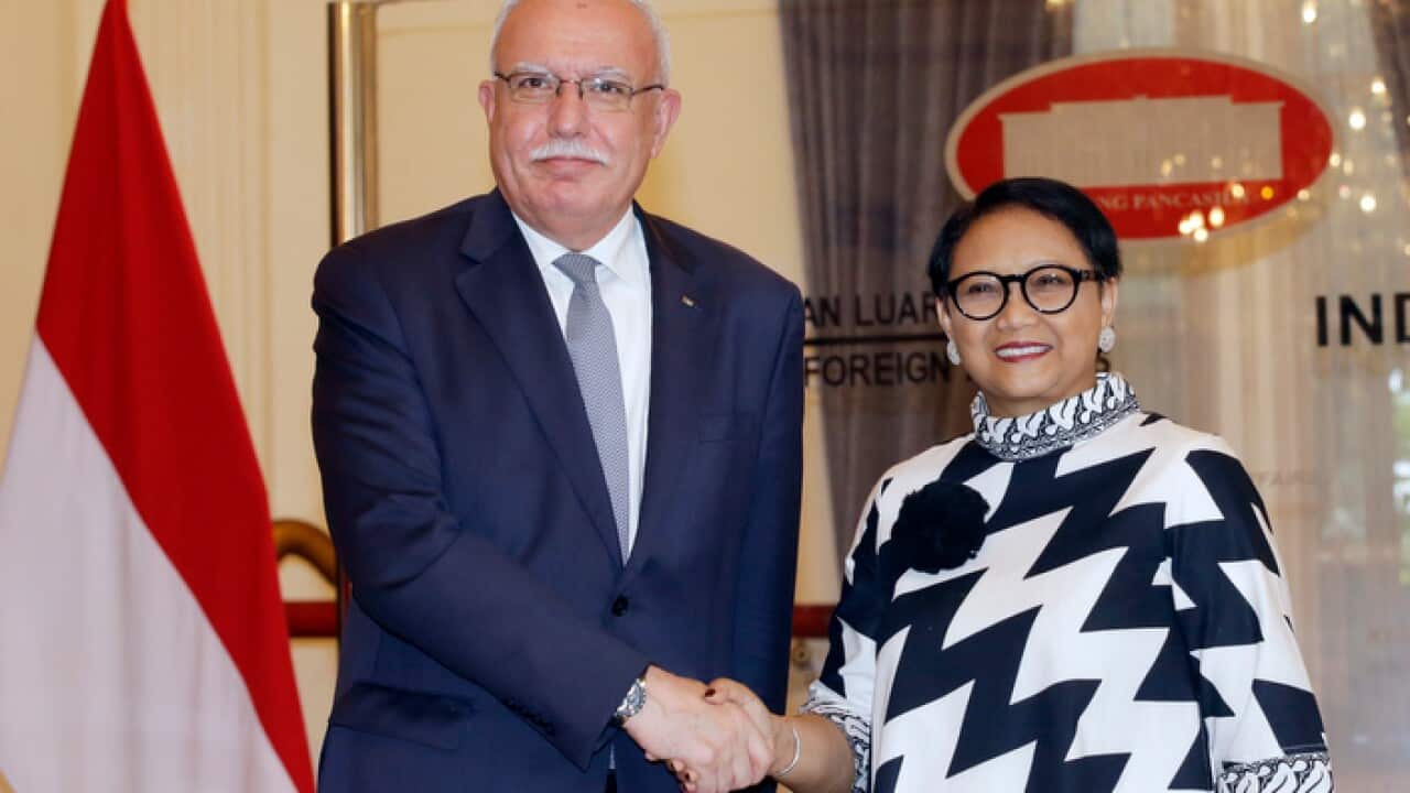 Palestinian Foreign Minister Riyad al-Maliki, left, shakes hands with Indonesian Foreign Minister Retno Marsudi during their meeting in Jakarta, Indonesia, Tuesday, Oct 16, 2018. (AP Photo/Achmad Ibrahim)