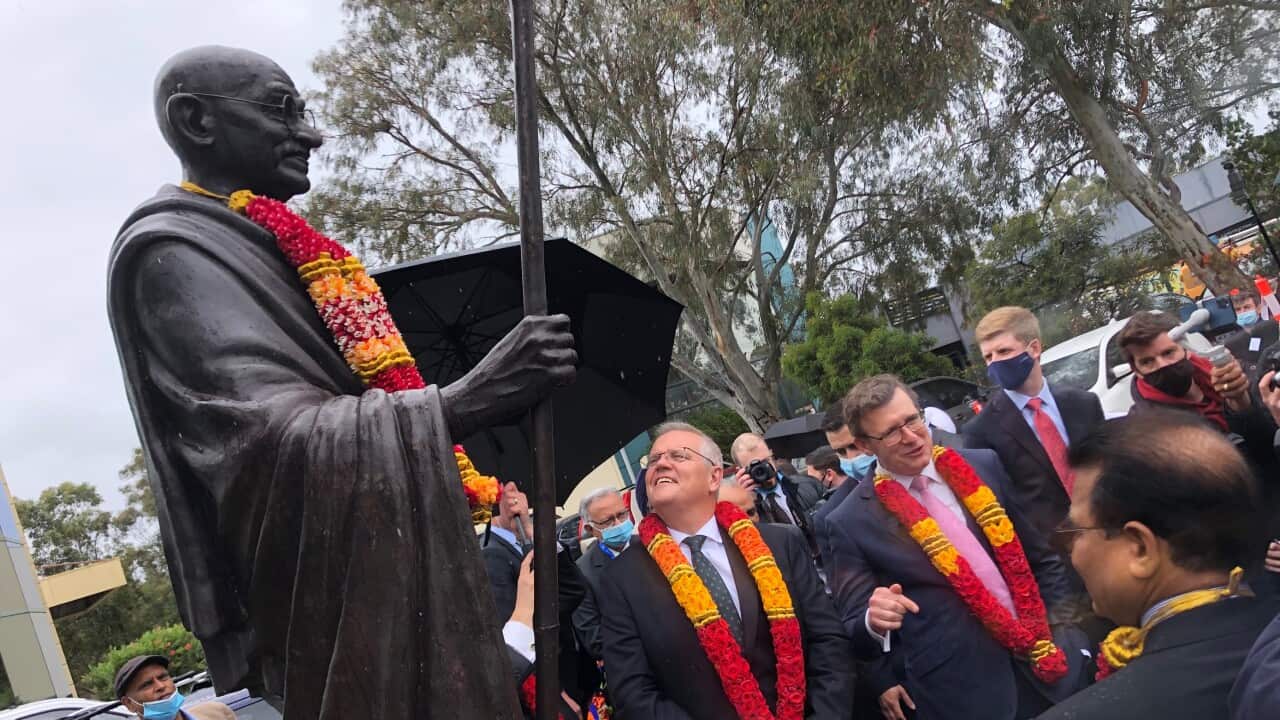 Prime Minister Scott Morrison unveils Mahatma Gandhi's statue in Melbourne.