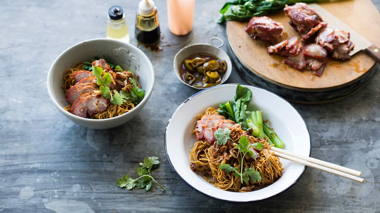 Dry wonton noodles with char sui and choy sum