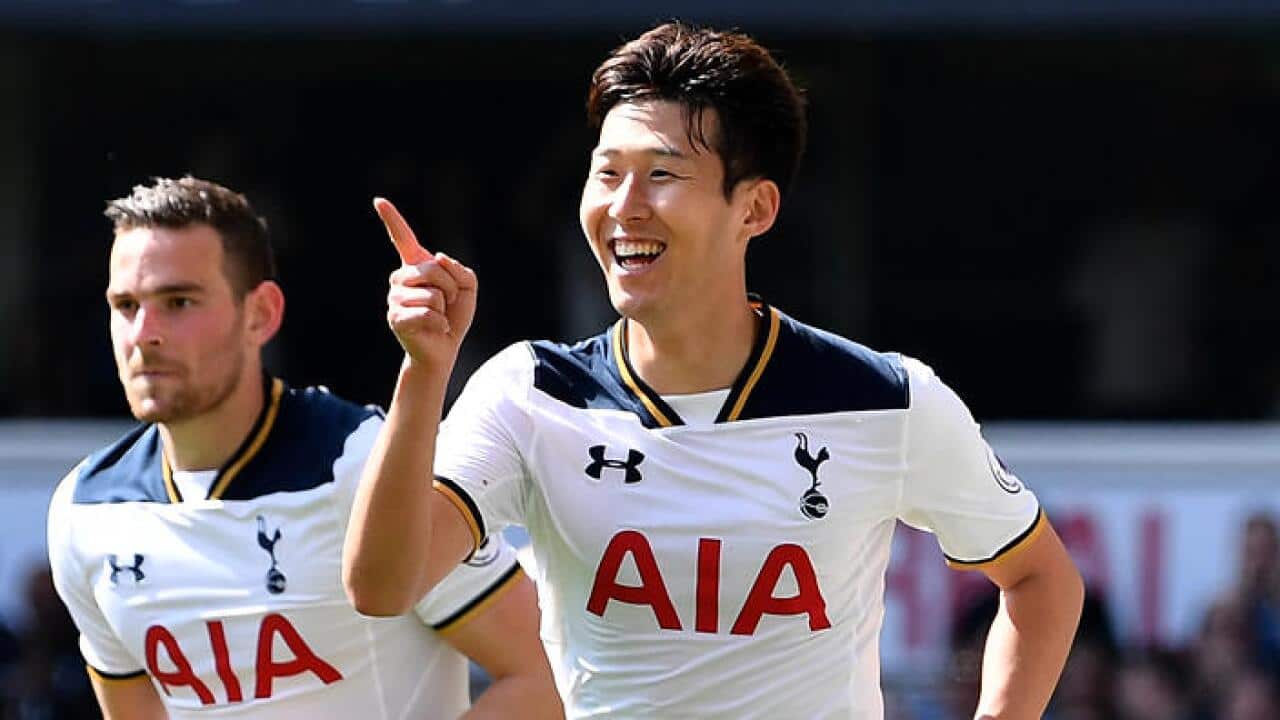 Heung-Min Son of Tottenham Hotspur celebrates