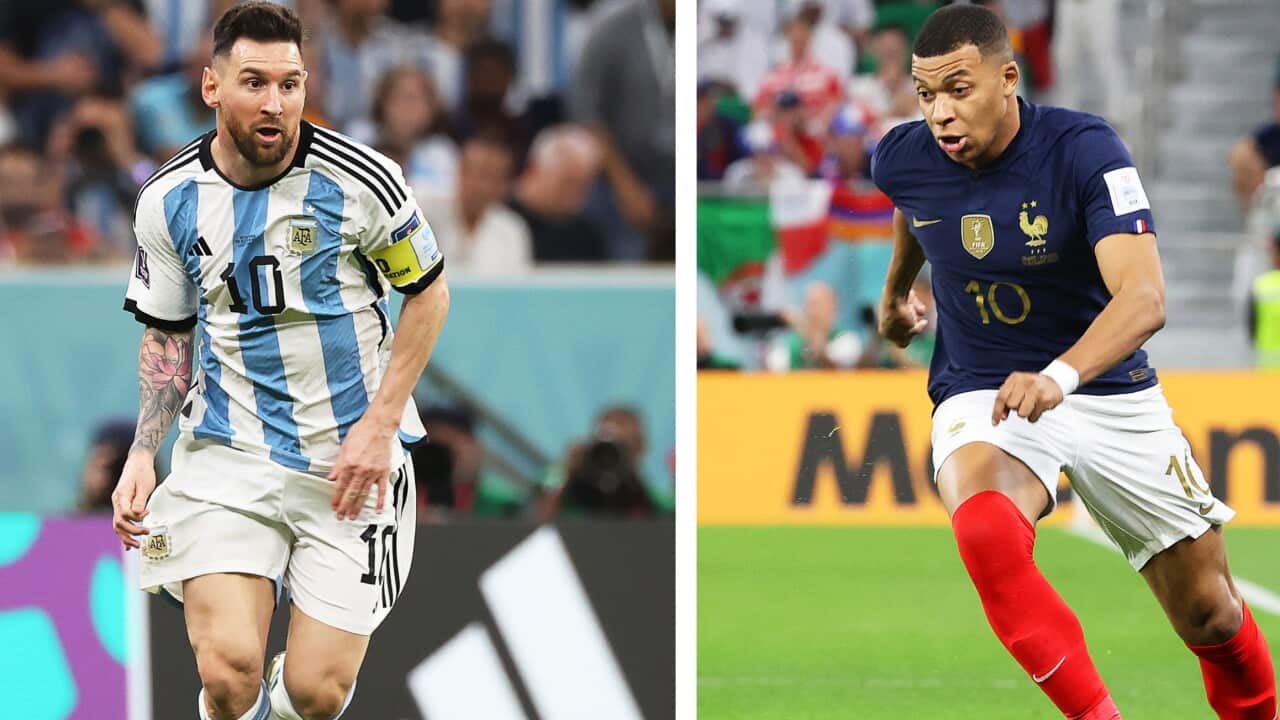 A composite file picture of Lionel Messi of Argentina and Kylian Mbappe of France taken at the World Cup in Qatar
