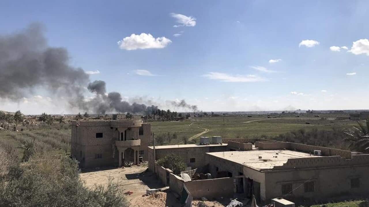 The last piece of territory held by IS militants in Baghouz has been pounded by US-backed forces.