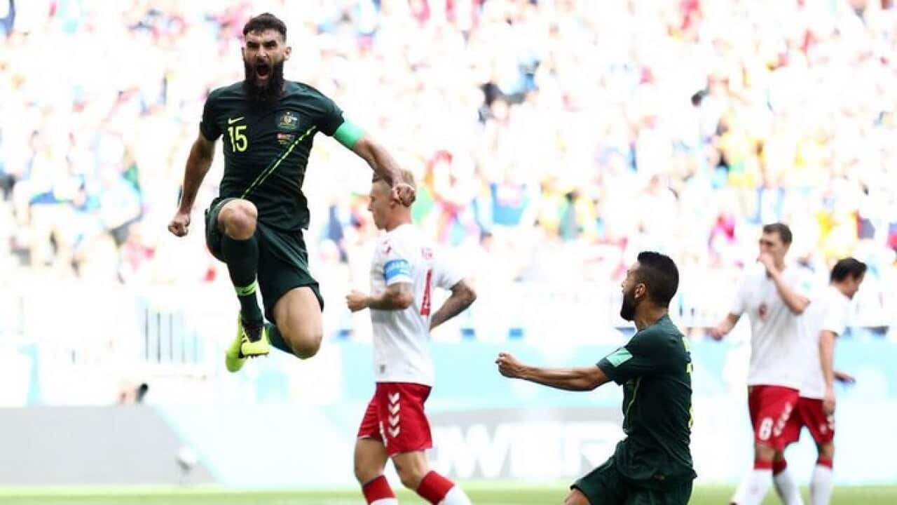 Mile Jedinak celebrates after scoring against Denmark at the 2018 FIFA World Cup in Russia (Getty Images)