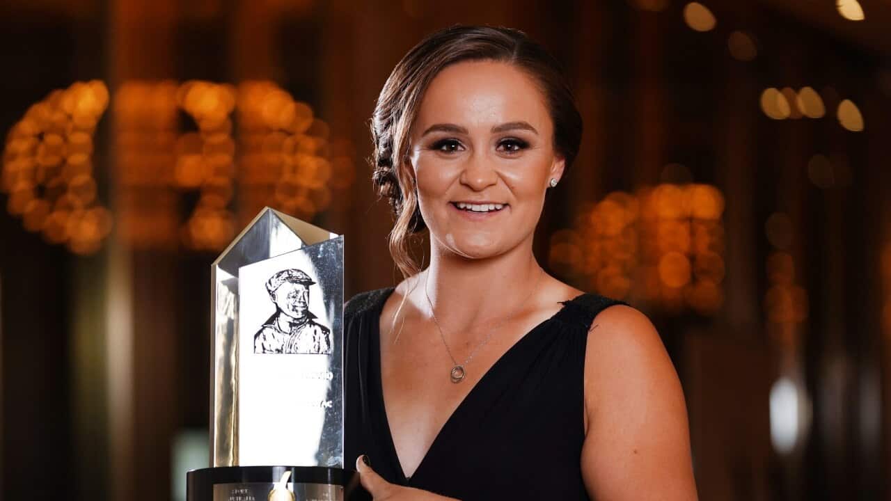 The Don Award winner Ash Barty poses during the Sport Australia Hall of Fame 35th Induction and Awards Gala Dinner at the Palladium at Crown in Melbourne, Thursday, October 10, 2019. (AAP Image/Michael Dodge) NO ARCHIVING