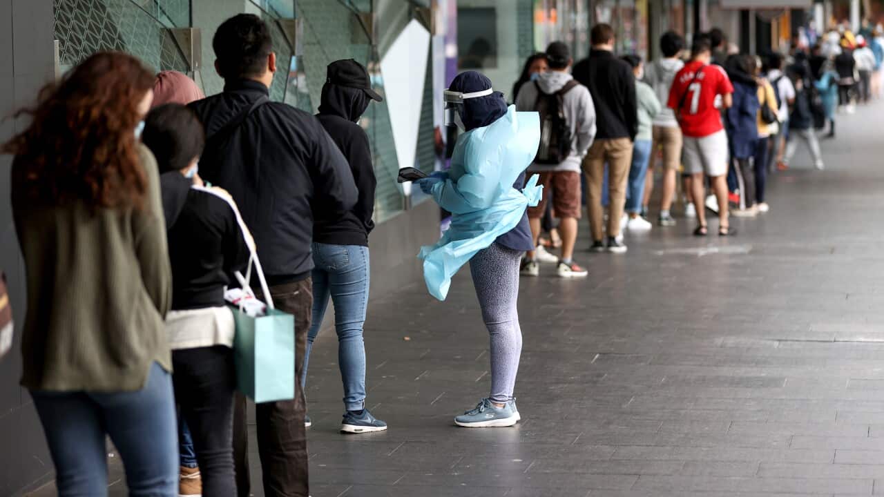 Members of the public queue to take Covid19 PCR tests in Sydney’s CBD, Tuesday, December 28, 2021.