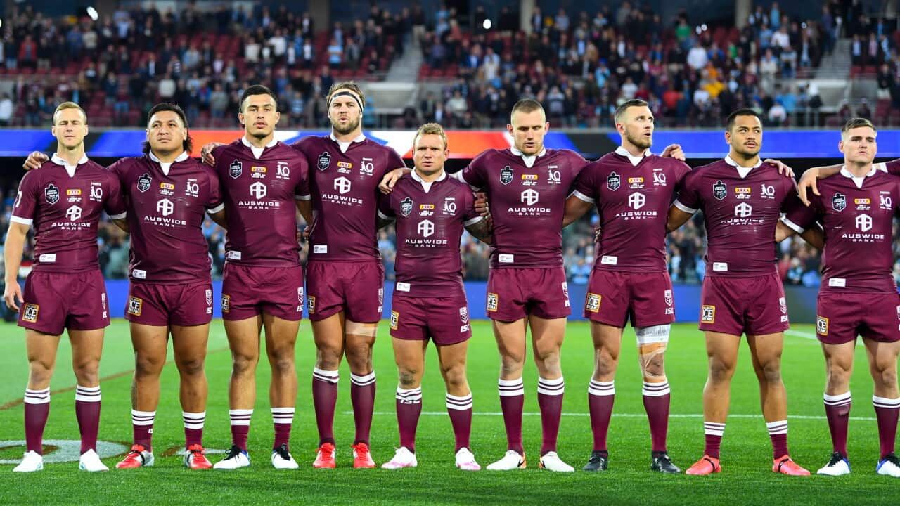 Maroons players during the national anthem on Wednesday.