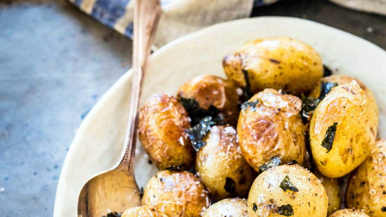 Roasted new potatoes with seaweed salt and vinegar
