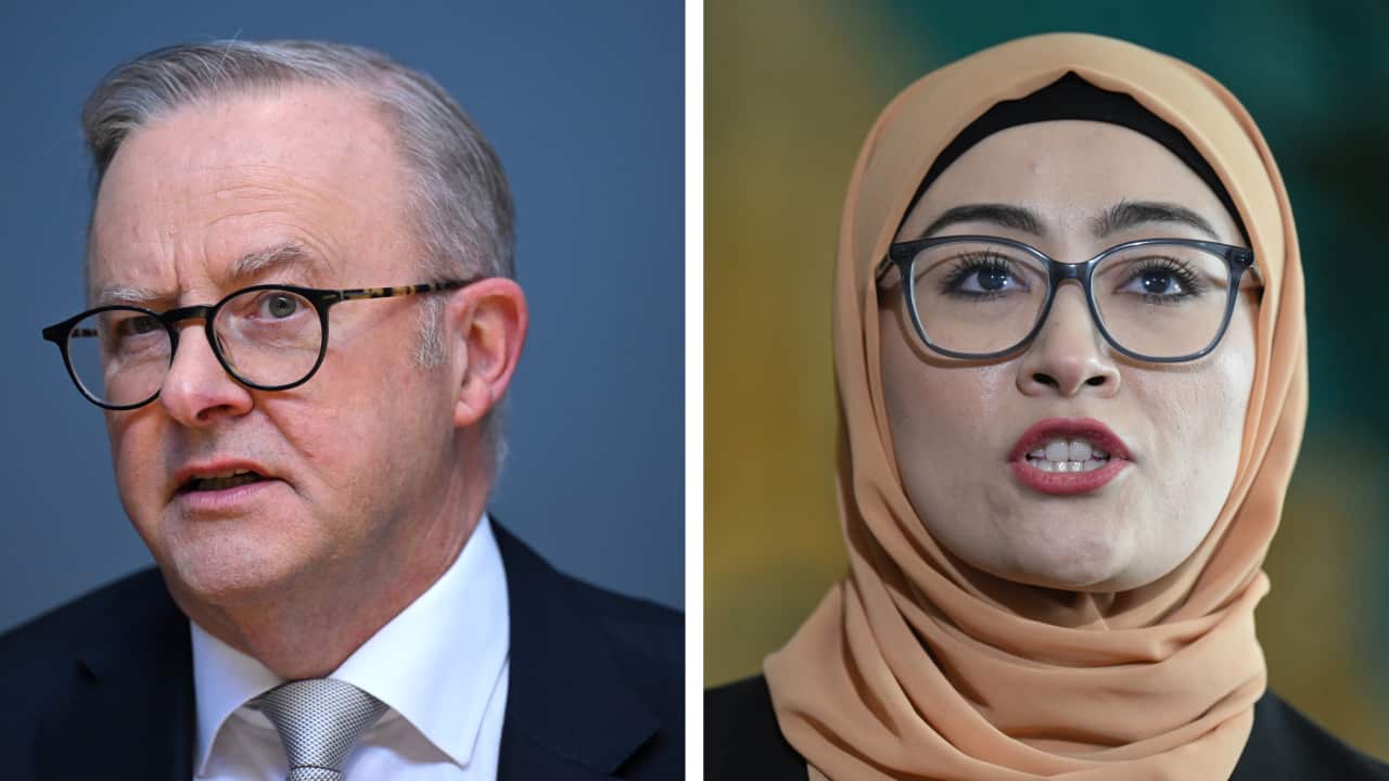 A split image of Anthony Albanese on the left and Fatima Payman on the right.