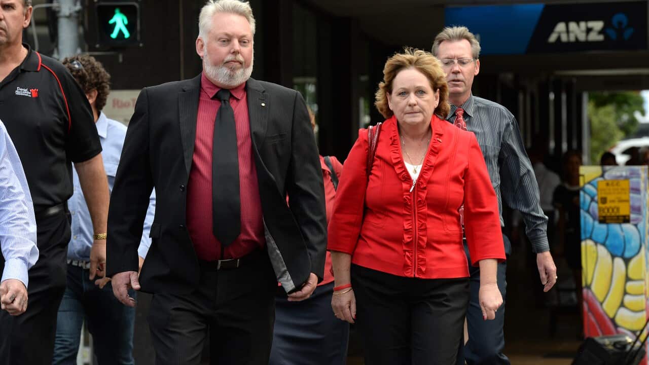 Bruce and Denise Morcombe arrive back at the Supreme Court in Brisbane (AAP)