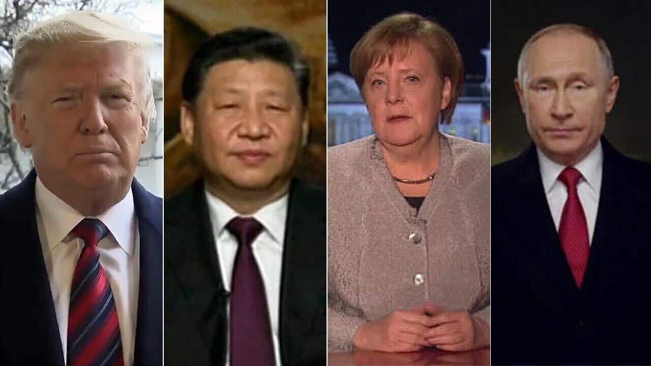 World leaders from left, Donald Trump, Xi Jinping, Angela Merkel and Vladimir Putin, have delivered their New Year's messages.