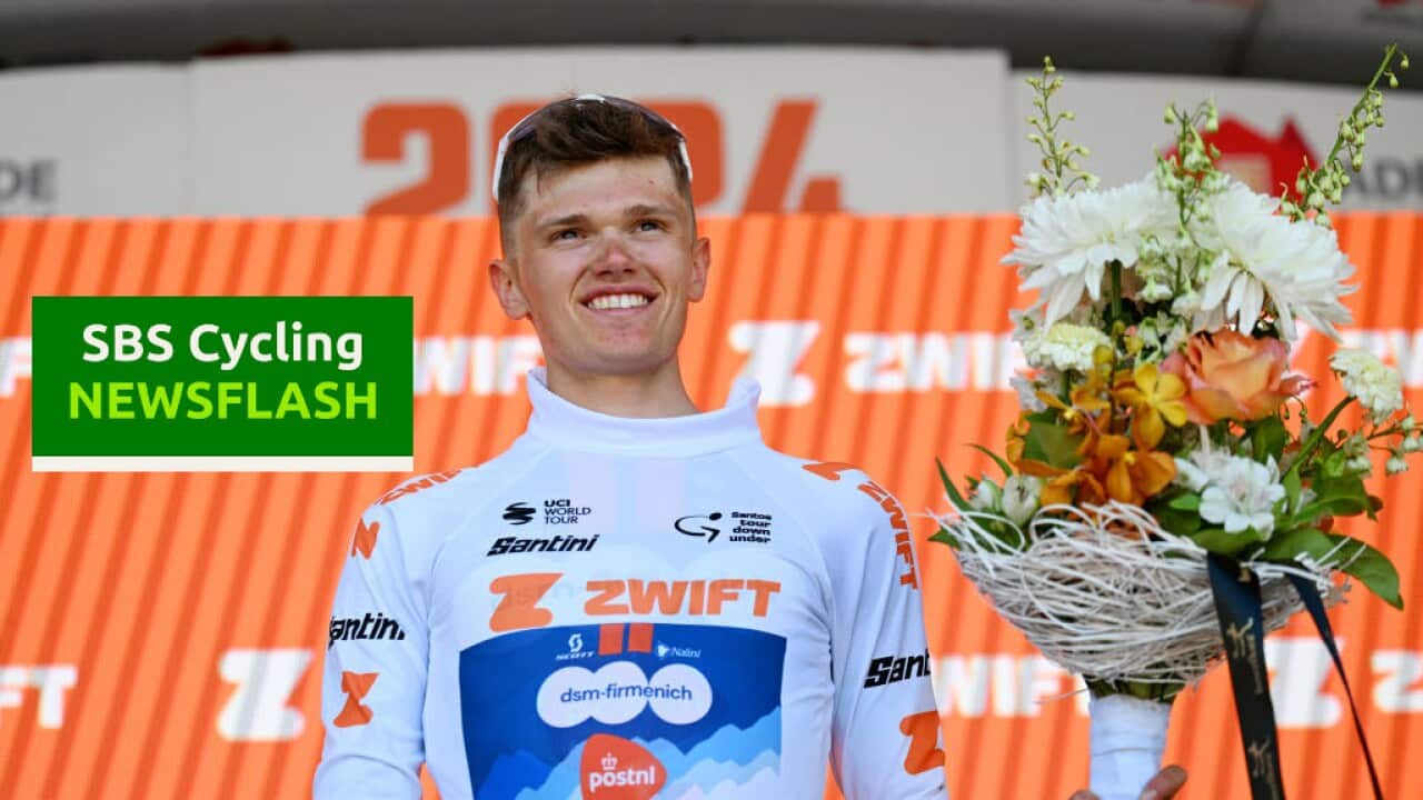 WILLUNGA, AUSTRALIA - JANUARY 20: Oscar Onley of United Kingdom and Team dsm-firmenich PostNL celebrates at podium as White best young jersey winner during the 24th Santos Tour Down Under 2024, Stage 5 a 129.3km stage from Christies Beach to Willunga Hill 372m on January 20, 2024 in Willunga Hill, Australia. (Photo by Tim de Waele/Getty Images)
