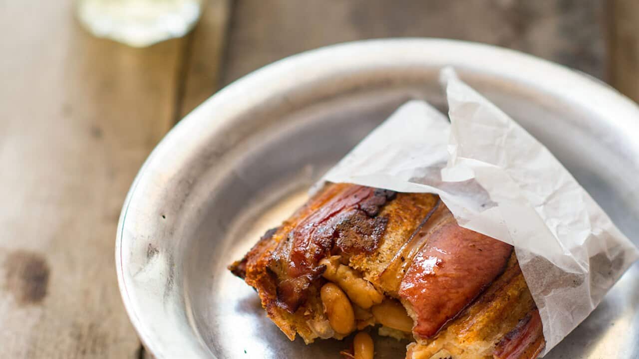 Bacon, baked beans and cheese jaffles