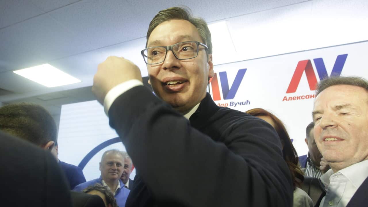 Serbian President-elect Aleksandar Vucic celebrates after declaring a victory in Belgrade, Serbia, 02 April 2017. Vucic won by a majority of votes in the first round. EPA/ANDREJ CUKIC