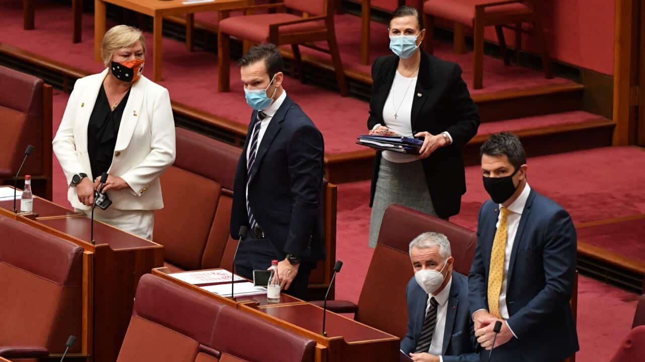 Nationals Senators Matt Canavan, Sam McMahon, Liberal Senators Concetta Fierravanti-Wells, Gerard Rennick and Alex Antic after voting for One Nation leader Senator Pauline Hanson’s vaccine discrimination bill in the Senate chamber at Parliament House in C