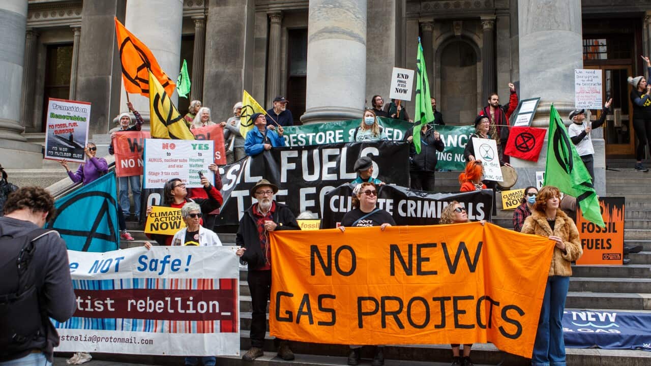 A group of climate protesters holding banners outside South Australia parliament