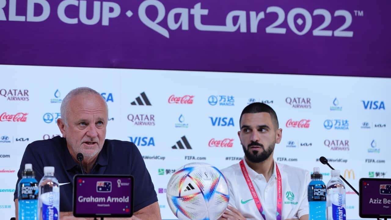 Australia national team head coach Graham Arnold and player aziz Behich