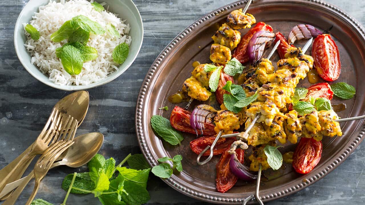 Chicken, lemon and saffron kebab (joojeh kabab)