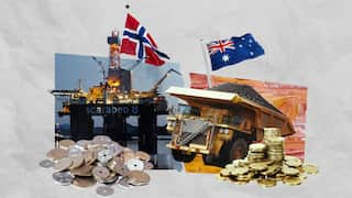 A composite image of the Norwegian and Australian flags, an oil platform and mining truck and stacks of coins