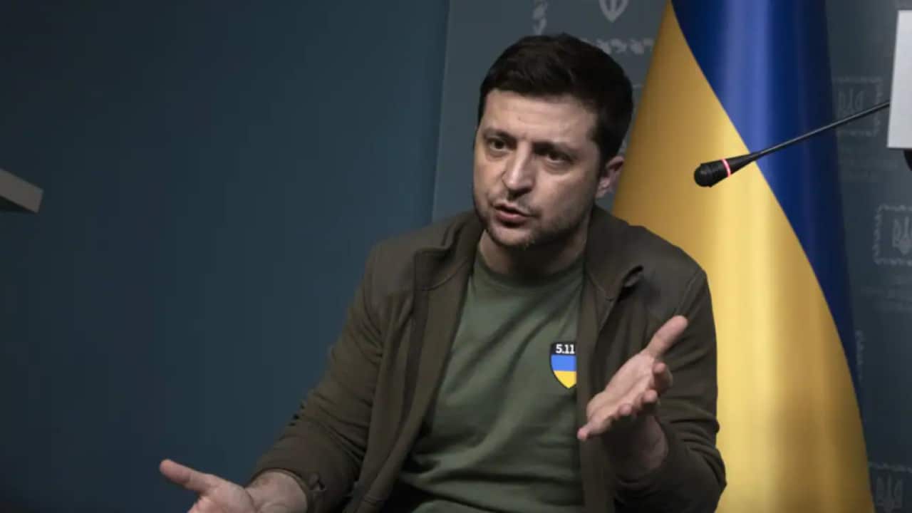 Ukrainian President Volodymyr Zelenskyy speaks at a press conference at his official residence the Maryinsky Palace on 3 March 3, 2022 in Kyiv, Ukraine.