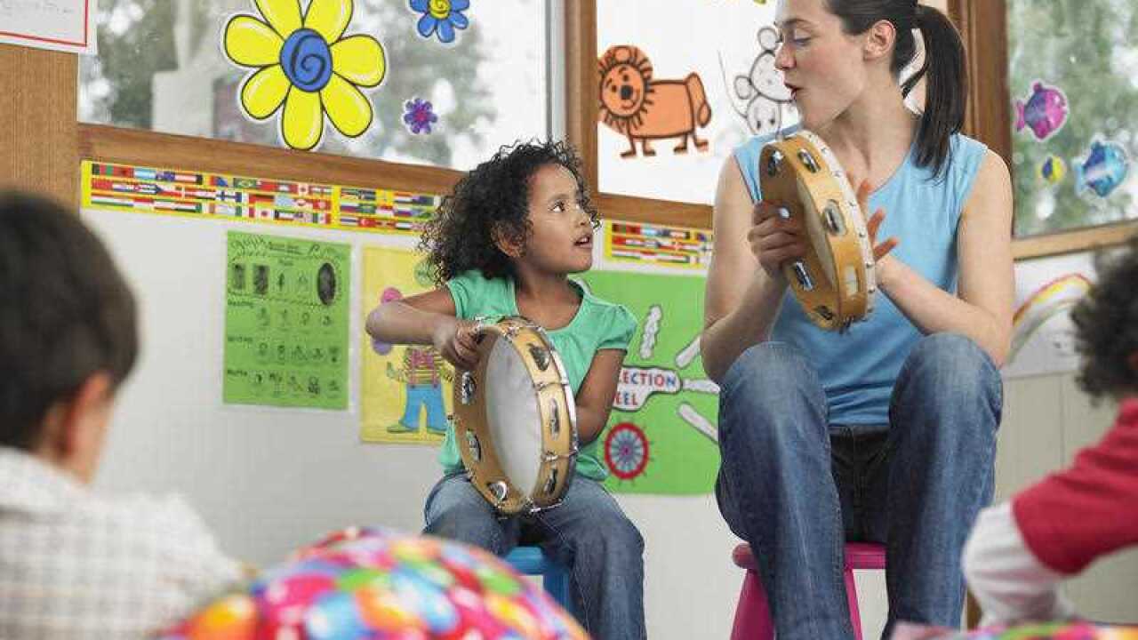 Children with teacher playing music in classroom