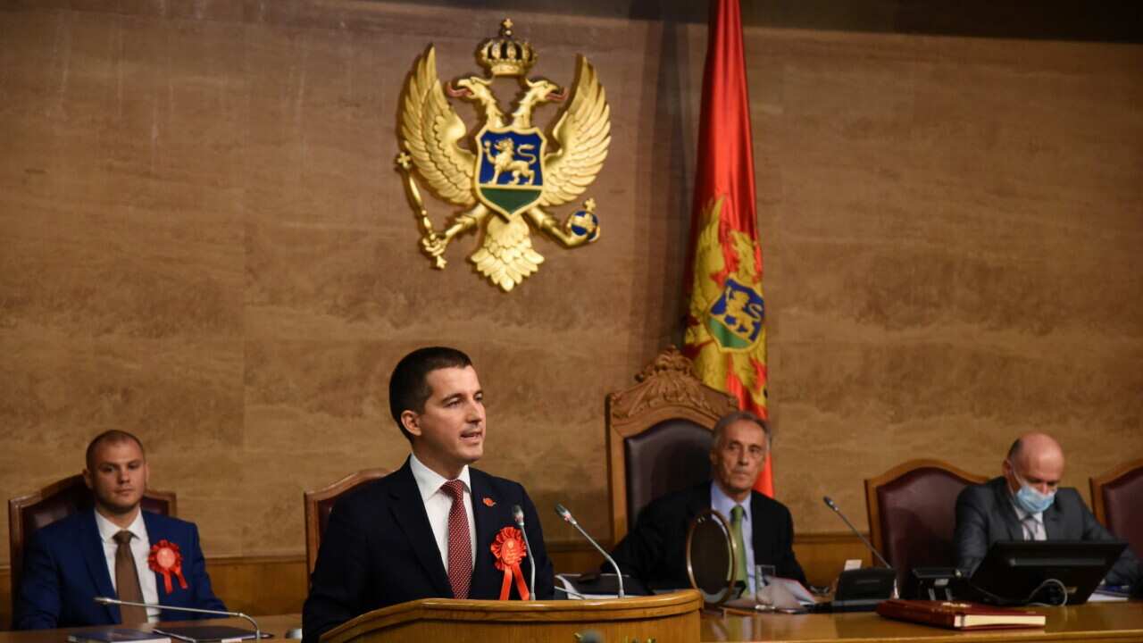 Montenegro's newly appointed Parliament Speaker Aleksa Becic addresses MPs during the inaugural session of the National Assembly in Podgorica, Montenegro, 23 September 2020.