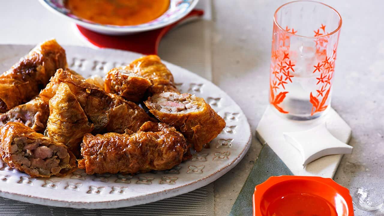 Fried pork and prawn rolls in bean curd skin