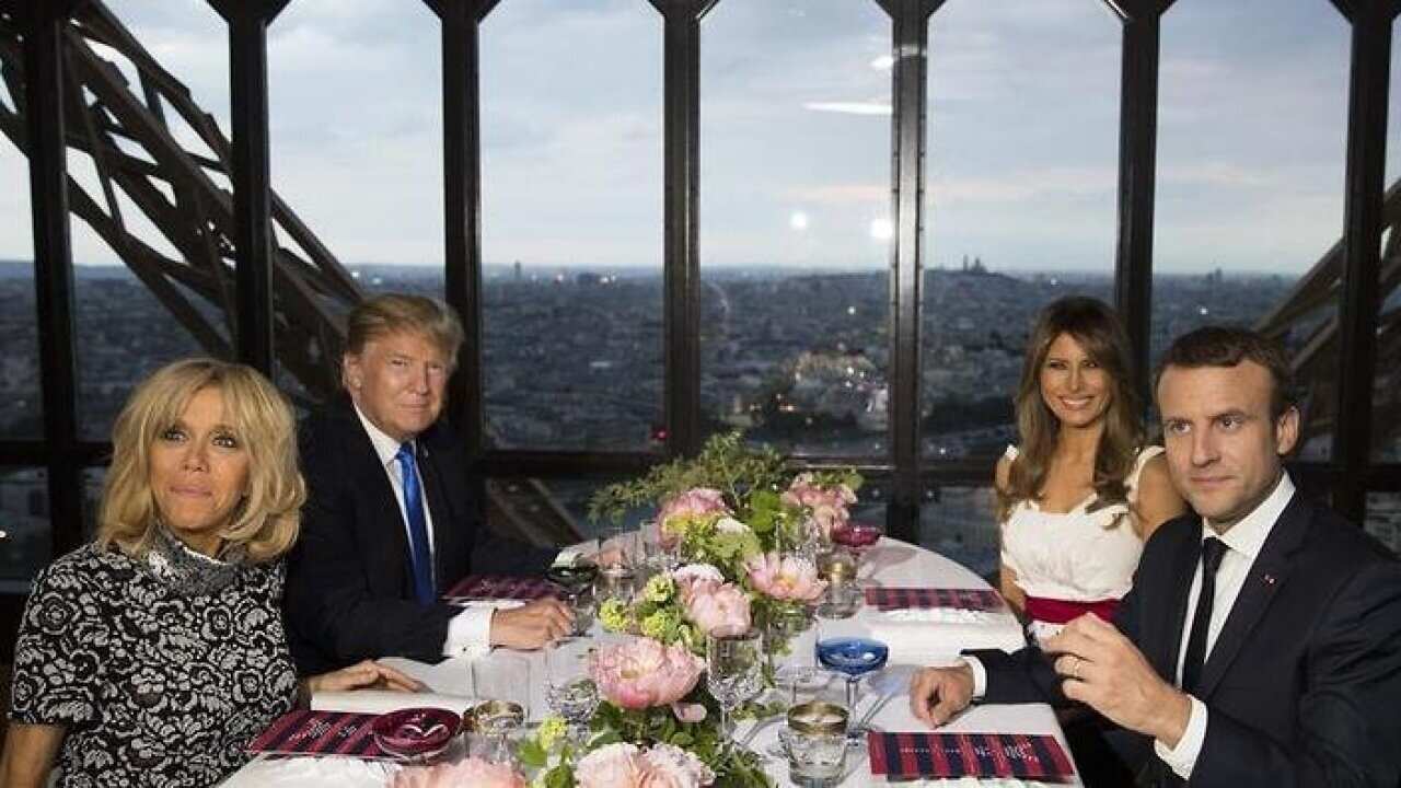 Donald Trump has capped his first day in France with a private dinner at the Eiffel Tower