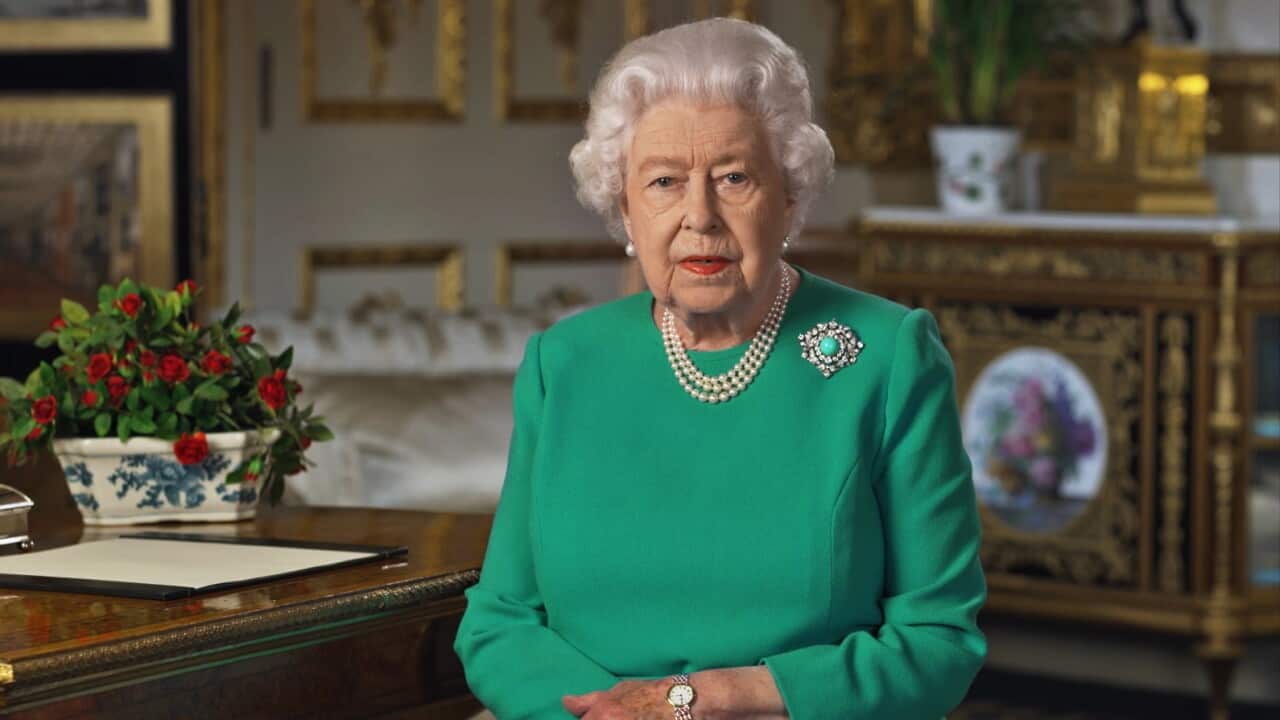 Queen Elizabeth II during her address to the nation and the Commonwealth in relation to the coronavirus epidemic.