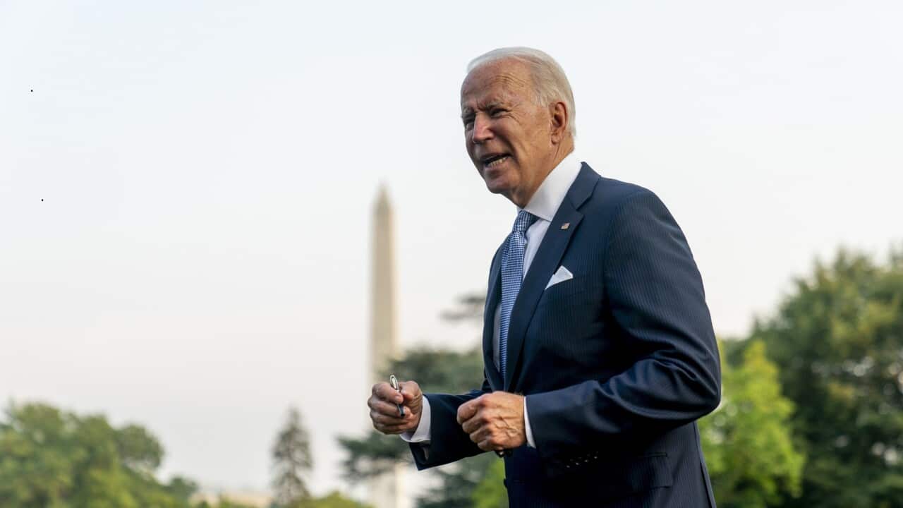 US President Joe Biden speaks to the media before boarding Marine One at the White House
