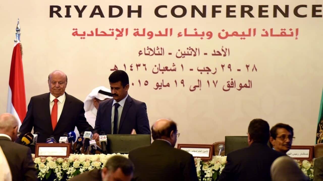 Yemen's President Abd Rabbuh Mansur Hadi (L) attends the 'Riyadh Conference for Saving Yemen and Building Federal State'