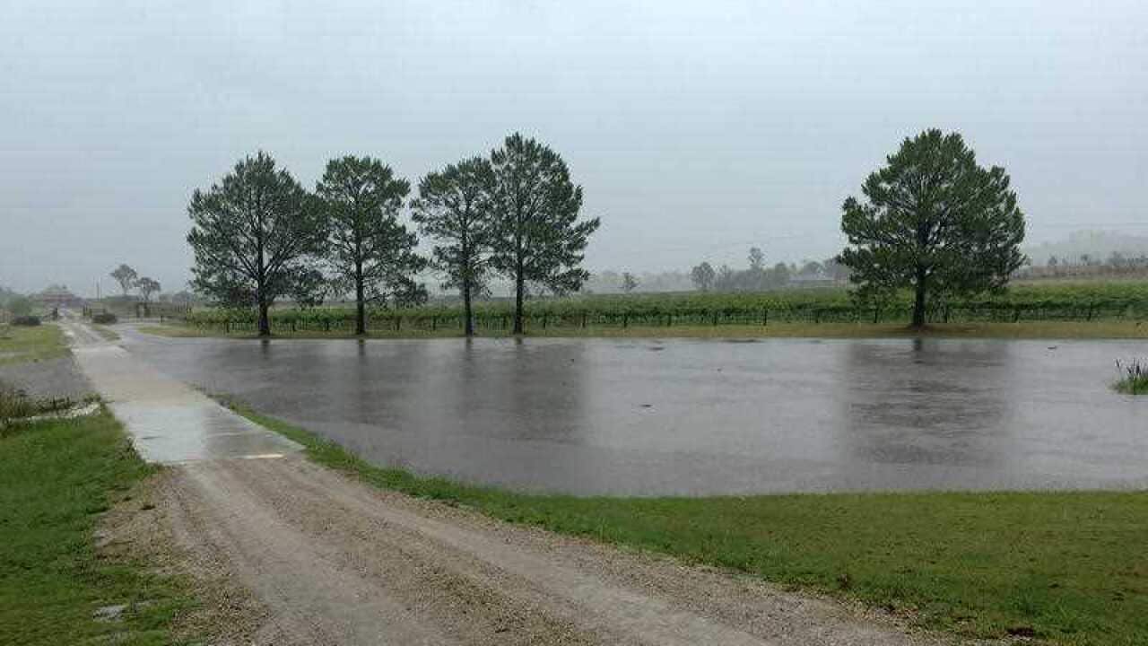 A partially flooded winery is seen in Branxton in the Hunter Valley, Tuesday, Jan. 5, 2016. Widespread heavy rainfall could cause minor to moderate flooding on the NSW mid-north coast between Newcastle and Port Macquarie today. (AAP Image/Morgan Went)