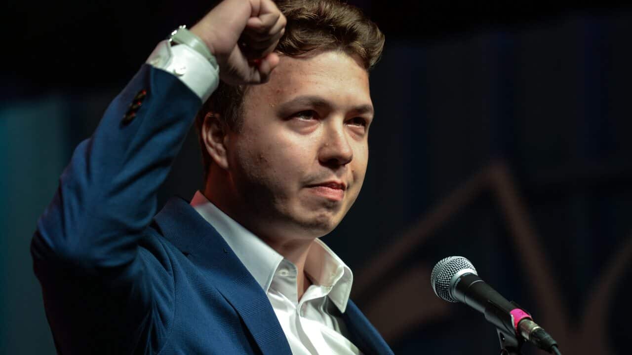 A file photo of Belarusian opposition figure Roman Protasevich who was detained after a Ryanair flight was diverted to Minsk.