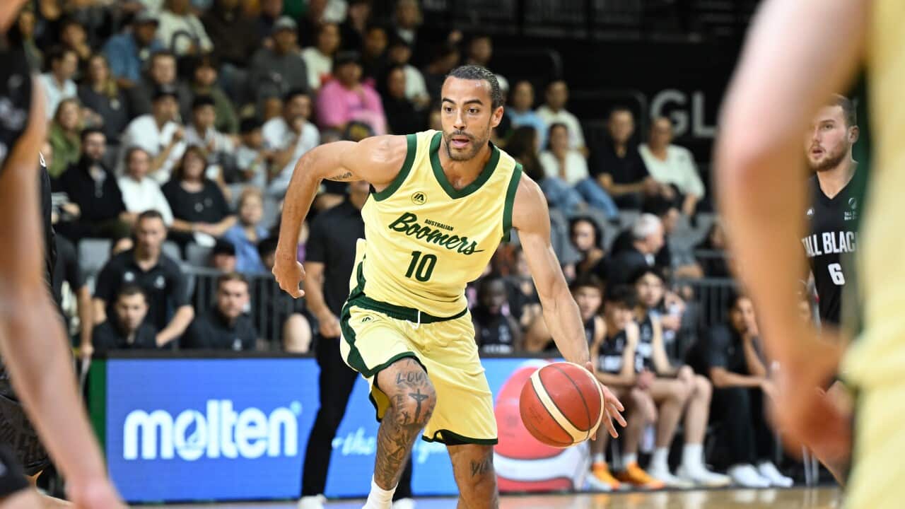 Xavier Cooks of the Boomers during the Game 3 match between Australian Boomers and New Zealand Tall Blacks at GLOBOX Arena in Hamilton, New Zealand