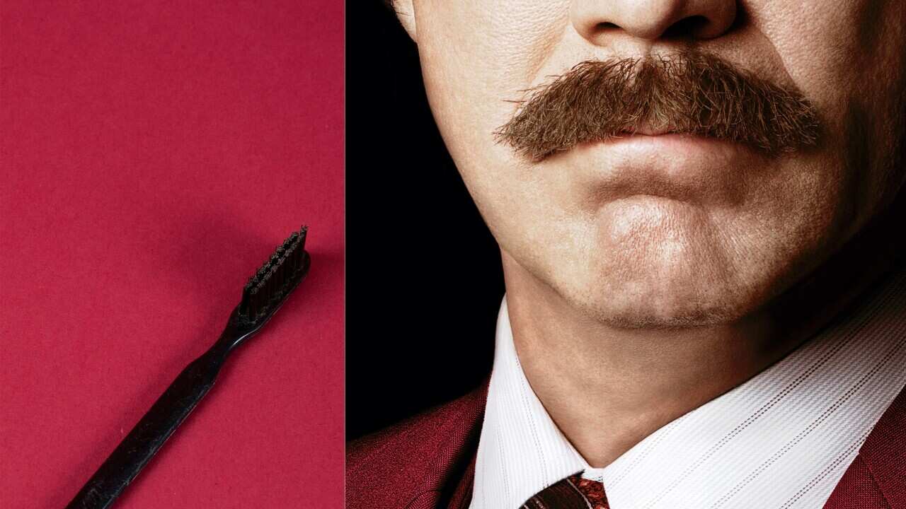 Included in "Anchorman: The Exhibit," now open at the Newseum in Washington, is a close-up of fake newsman Ron Burgundy's jaw and the all-important grooming brush to keep his mustache ready for prime time.