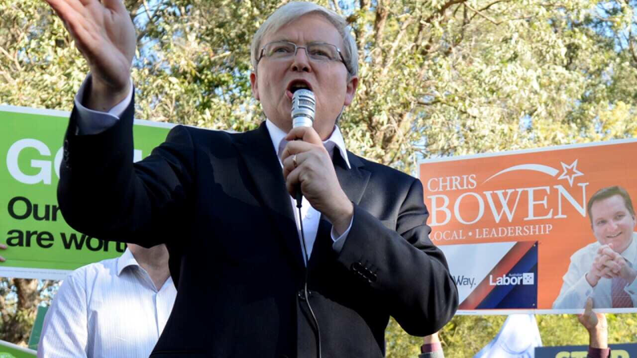 Prime Minister Kevin Rudd speaks to supporters in Western Sydney