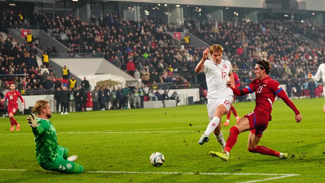 Dusan Vlahovic of Serbia shoots on goal during a UEFA Nations League game, Serbia vs Denmark , at Dubocica Stadium, Leskovac