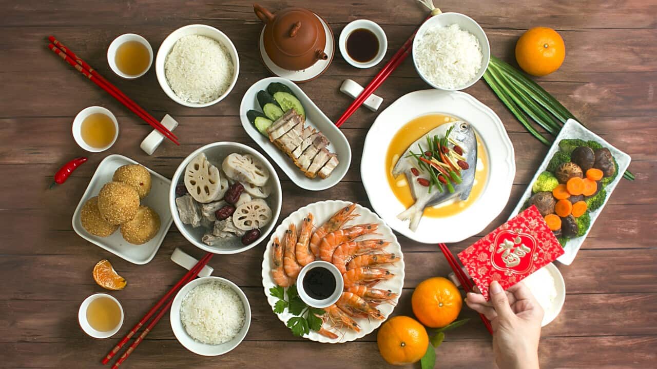 Flat lay Chinese new year reunion dinner, food and drink still life.