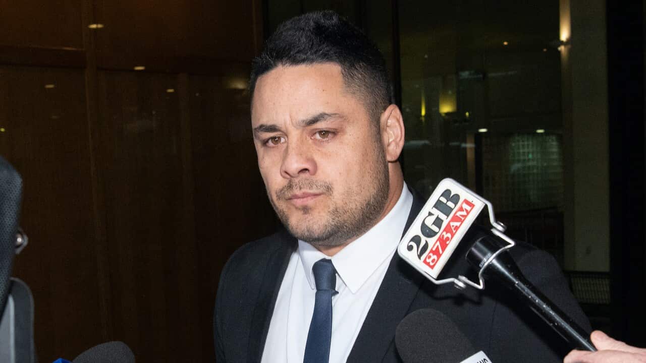 Jarryd Hayne speaks to the media outside Downing Centre District Court in Sydney on Monday, 22 March, 2021.