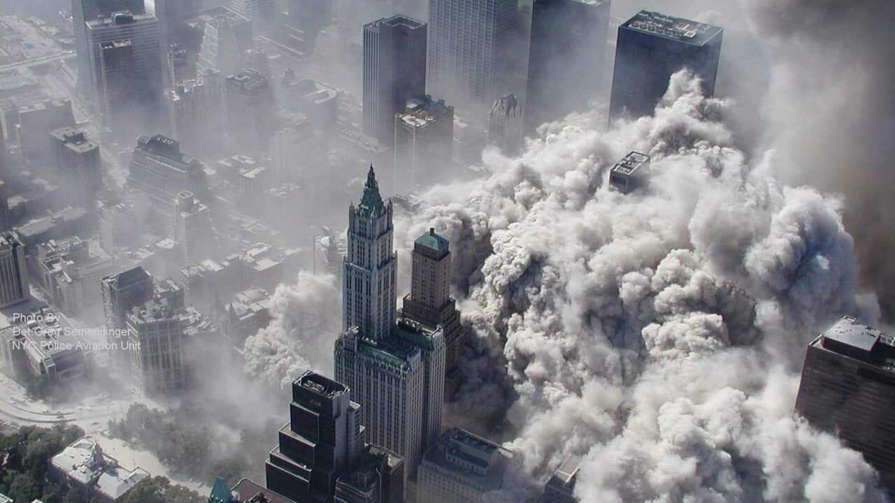 An aerial view of the terror attacks on the World Trade Center in New York