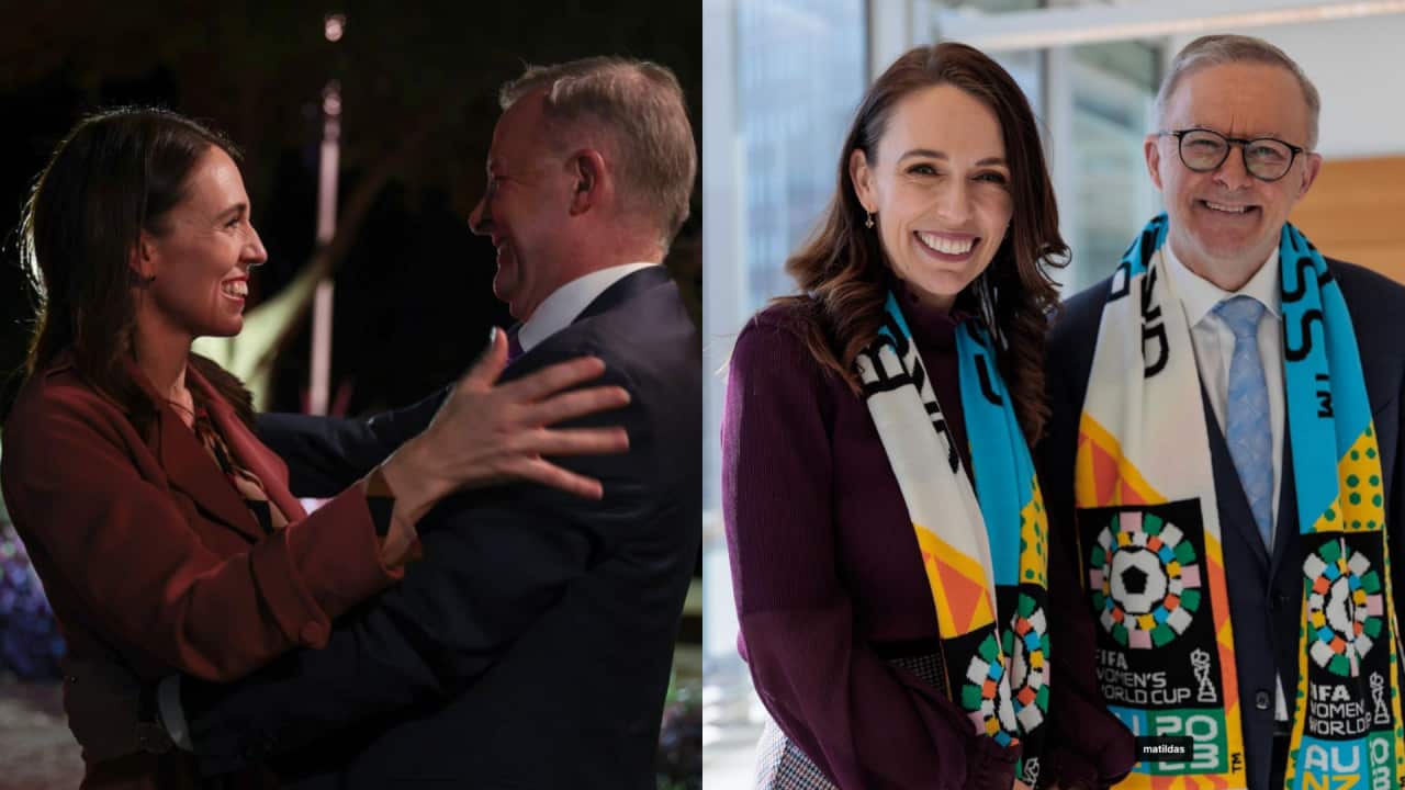 Collage of a man and woman. One shows them about to hug, the other shows them standing side by side wearing matching scarves.