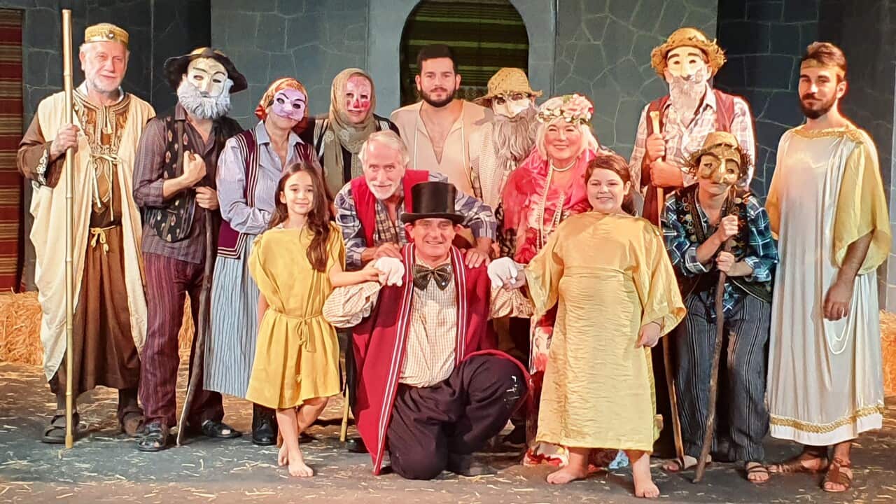 Hellenic Art Theatre cast in Aristophanes' play Plutus